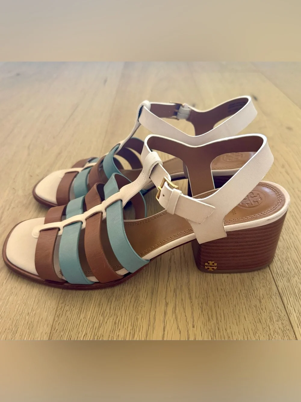 Tory Burch Multicolor Fisherman Block Heel Sandal - White, Light Blue & Brown
